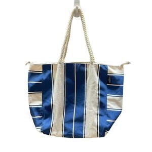 Lancome Tote Bag Canvas Soft Rope Handles Blue White Block Color Snap Closure